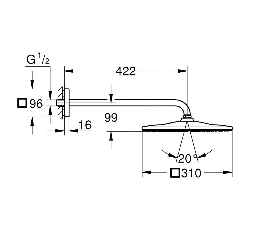 Grohe Rainshower - Hoofddouche 310 Mono Cube 9,5 L/min, 1 Straal, Douchearm 42 Mm, Geborsteld Cool Sunrise 26564GN0 4 Grohe Rainshower - Hoofddouche 310 Mono Cube 9,5 L/min, 1 Straal, Douchearm 42 Mm, Geborsteld Cool Sunrise 26564GN0 - Afbeelding 2